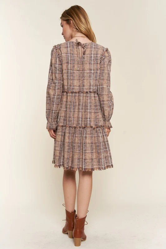 Taupe Washed Plaid Tiered Dress - Image 6
