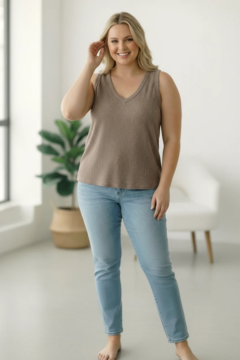 Plus Taupe Wavy Ribbed Top - Image 4