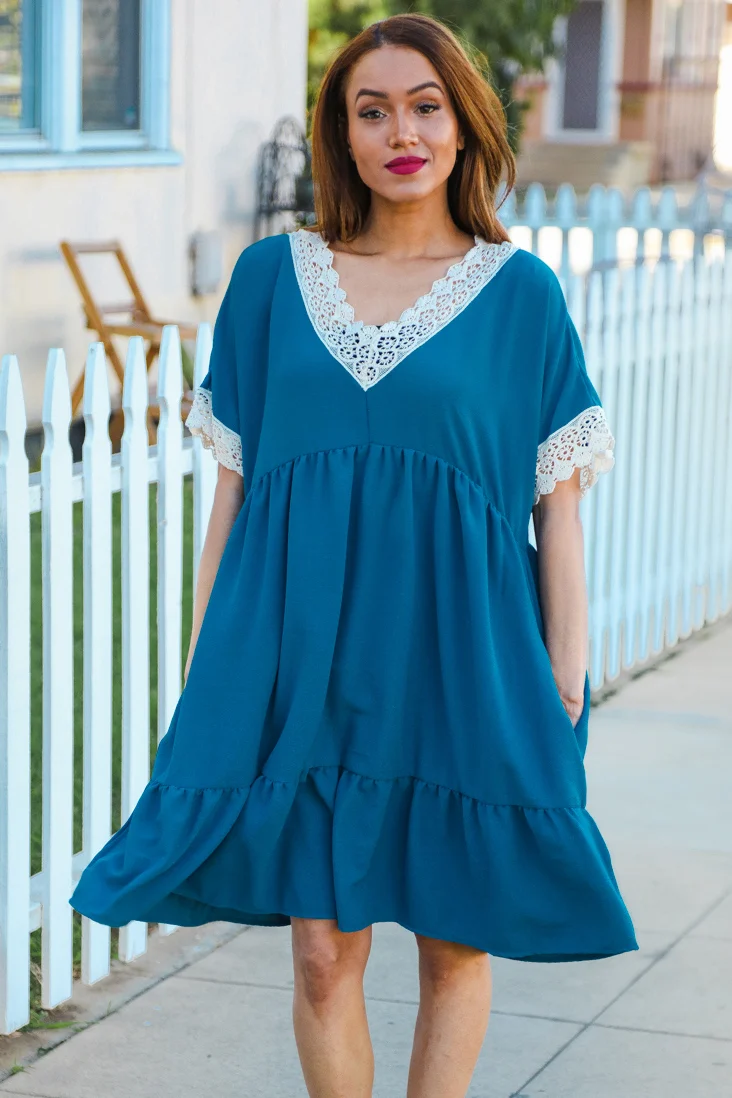 Teal Blue Crepe Crochet Lined Dress - Image 2
