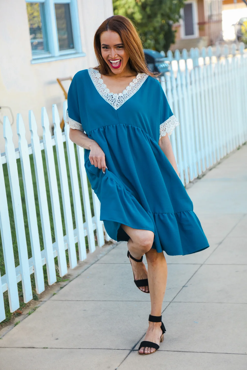 Teal Blue Crepe Crochet Lined Dress