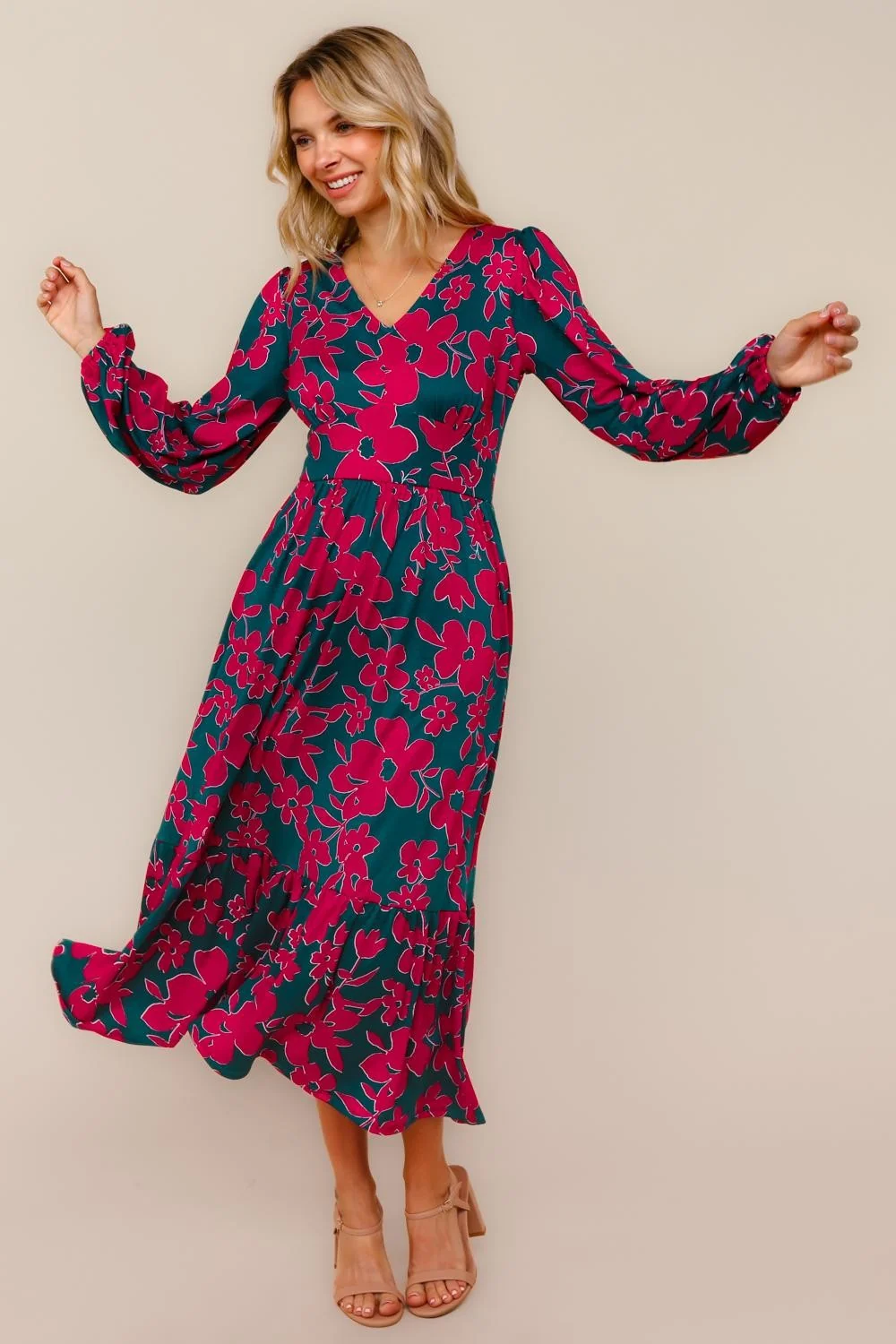 Plus Teal/Magenta Vintage Floral Midi Ruffle Hem Dress