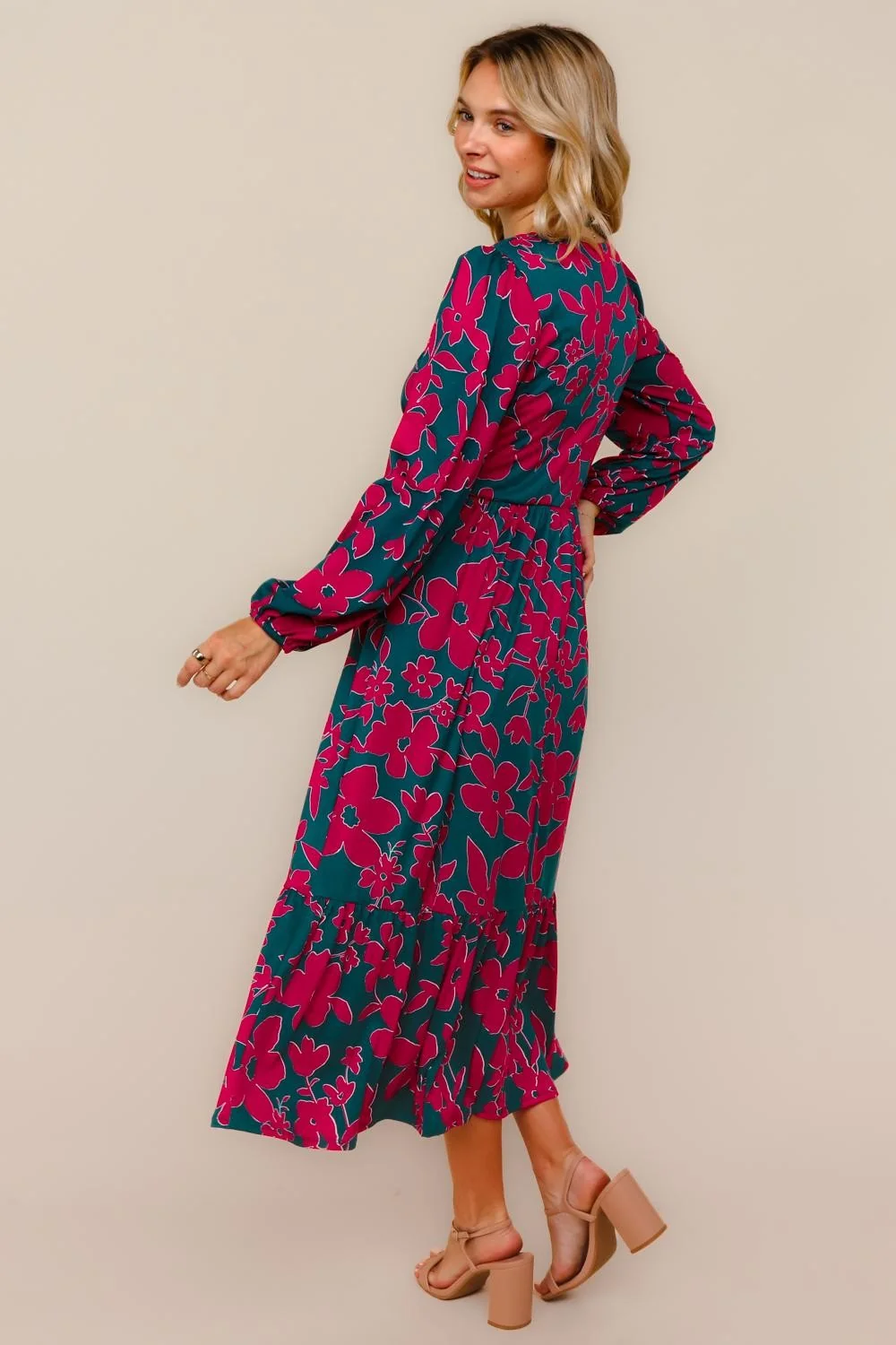 Plus Teal/Magenta Vintage Floral Midi Ruffle Hem Dress - Image 5
