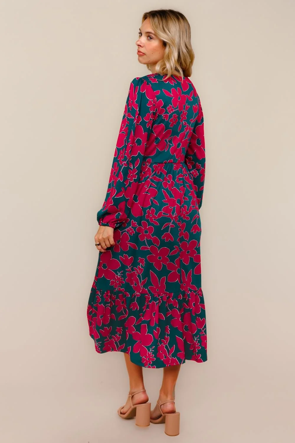 Plus Teal/Magenta Vintage Floral Midi Ruffle Hem Dress - Image 6