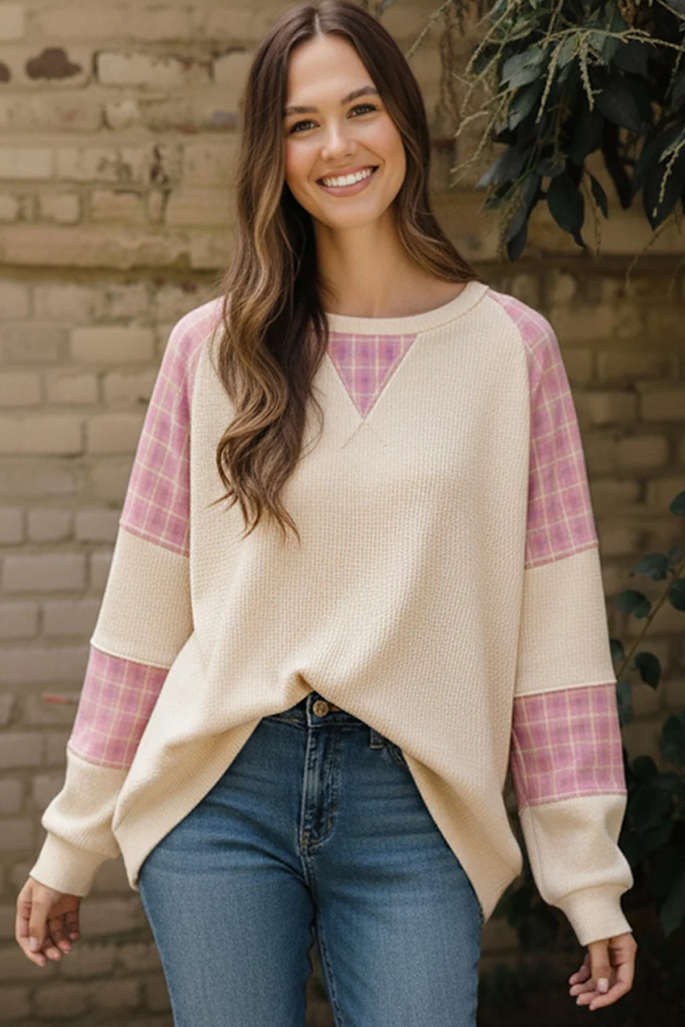 THERMAL PLAID WOVEN LOOSE FIT PULLOVER TOP