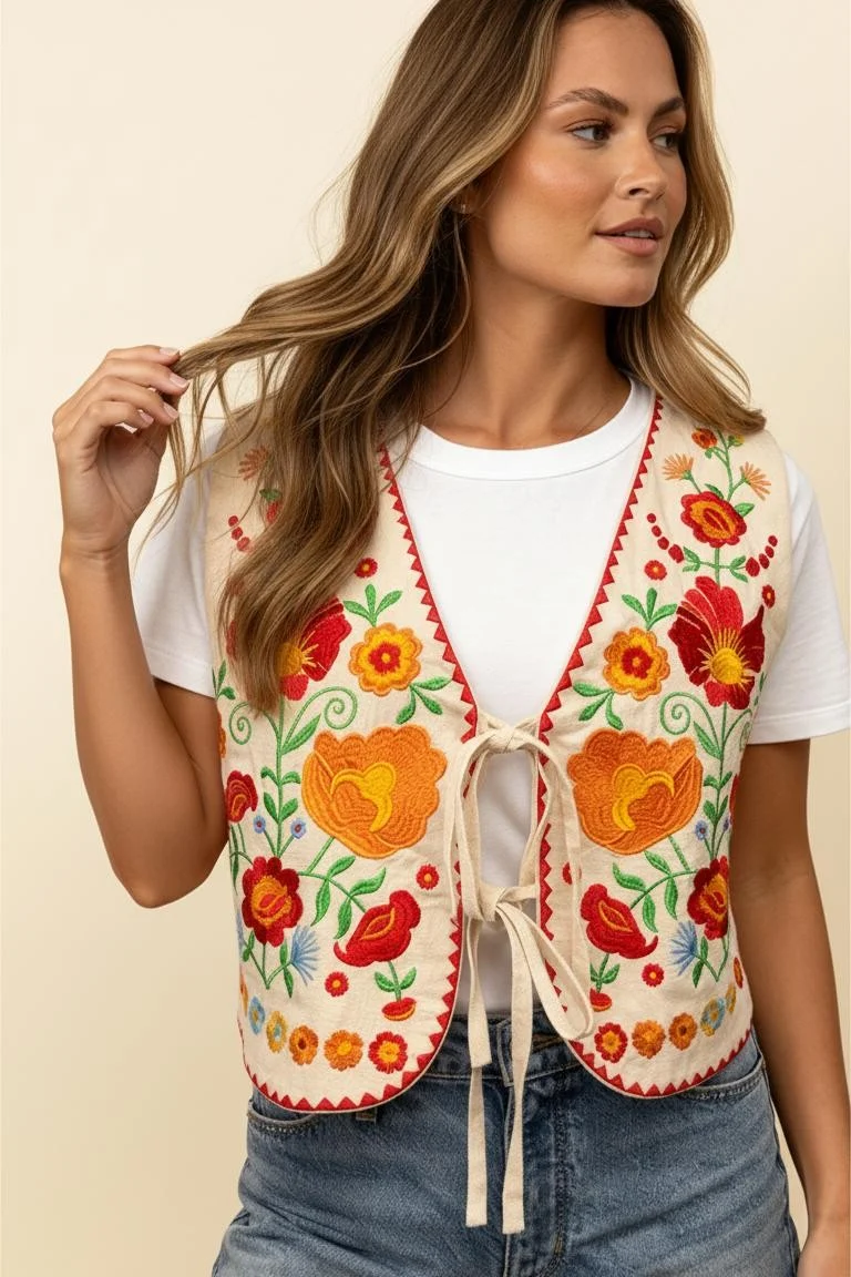 TIED STRAP EMBROIDERY FLORAL VEST - Image 5