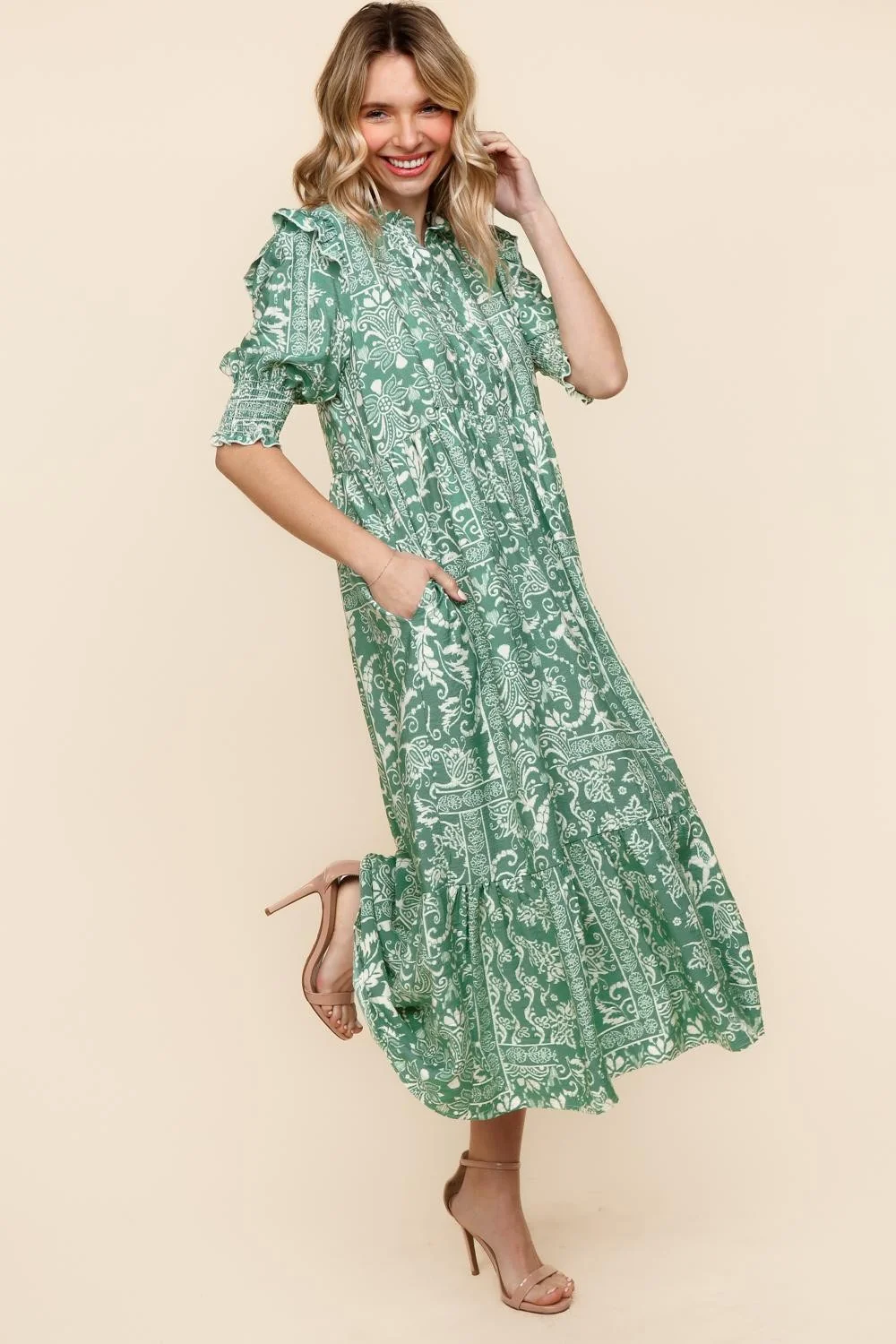 TIERED FLORAL MIDI DRESS W/ SIDE POCKETS - Image 4
