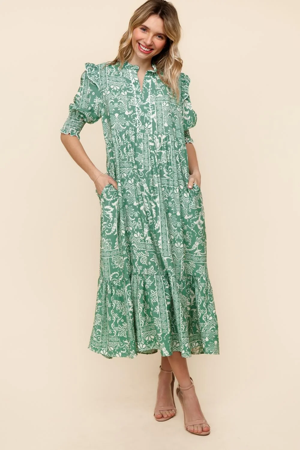 TIERED FLORAL MIDI DRESS W/ SIDE POCKETS - Image 6