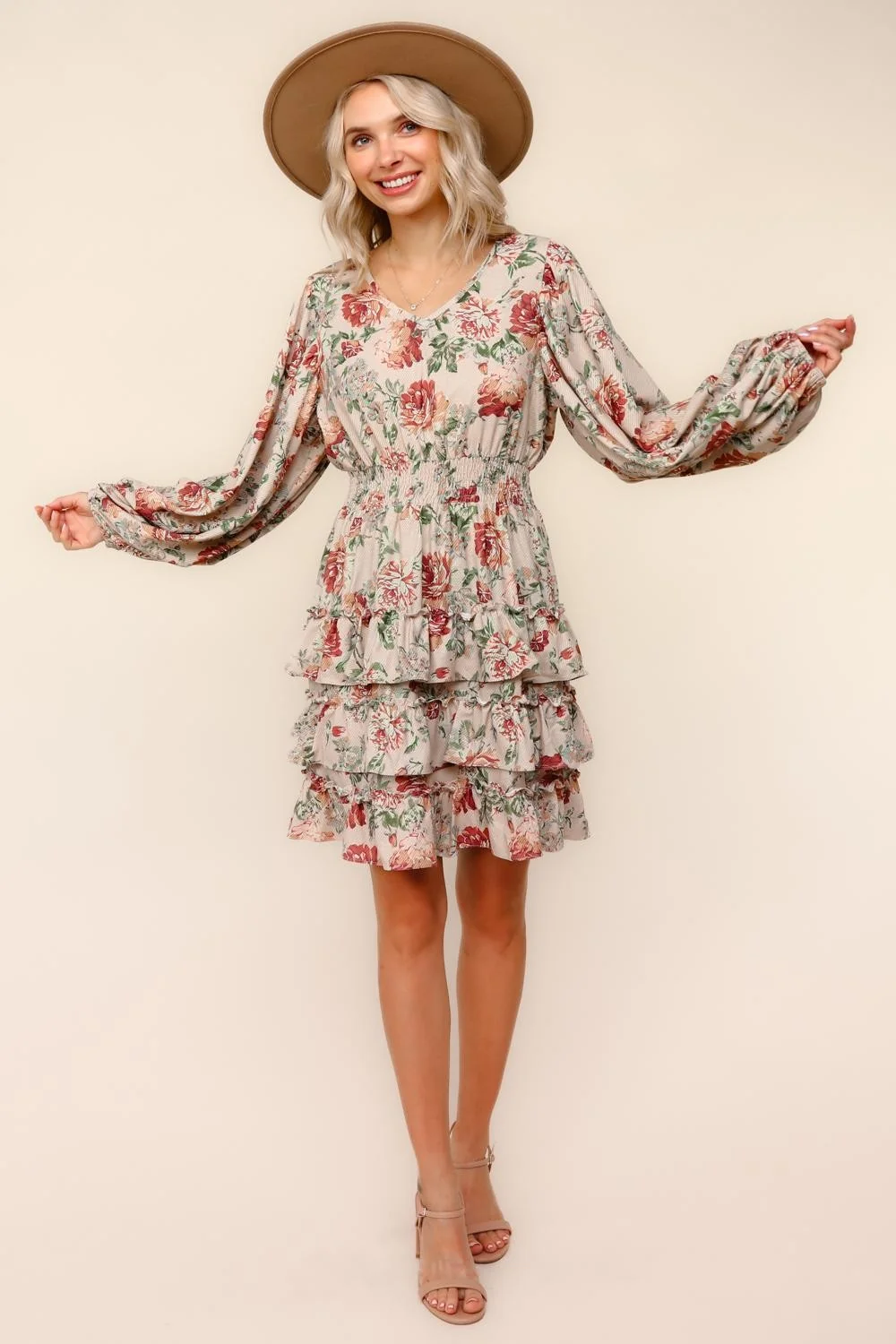 TIERED RUFFLE KNEE LENGTH FLORAL WOVEN DRESS