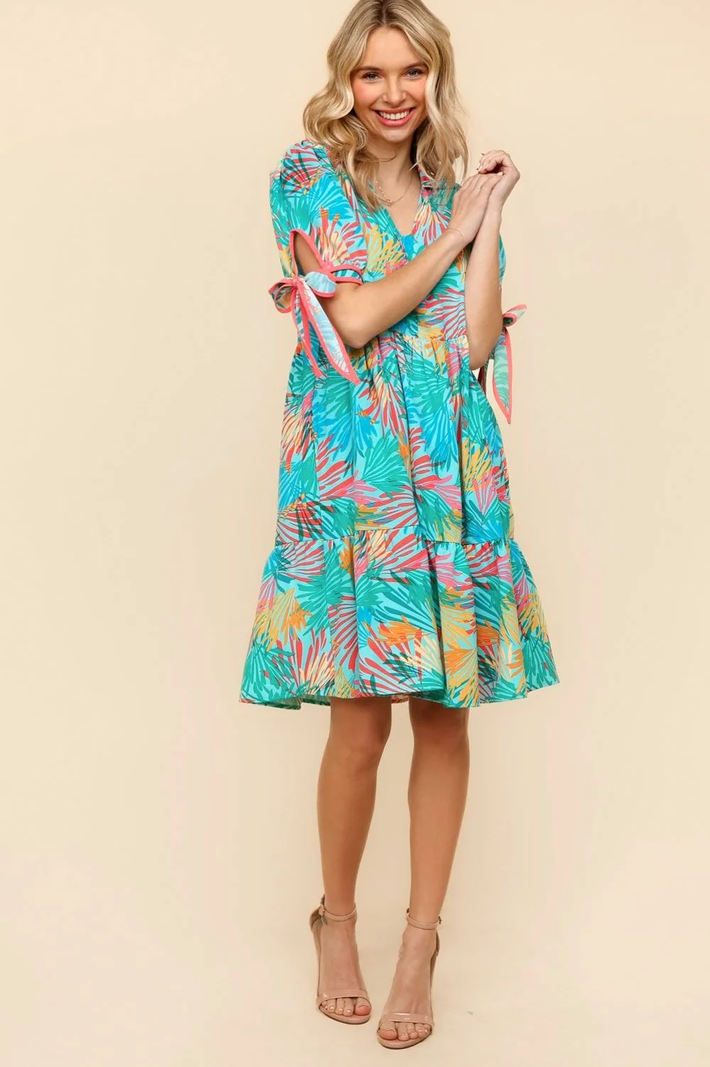 PLUS TROPICAL PRINT WOVEN DRESS W/ SIDE POCKETS