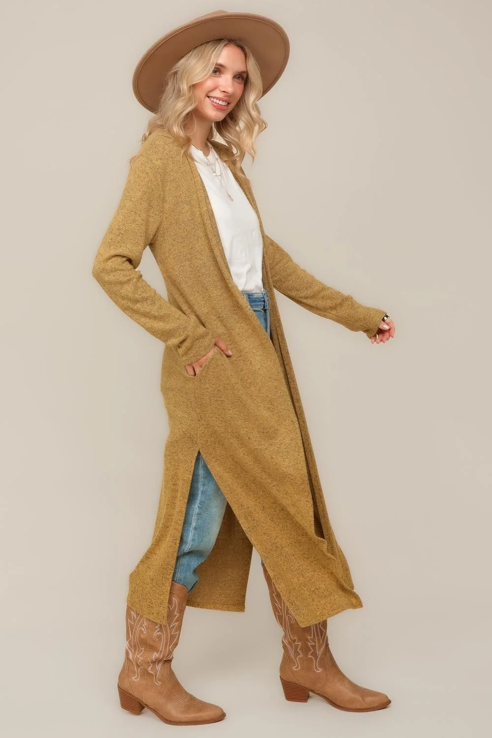 PLUS TWO TONE HACCI OPEN CARDIGAN WITH SIDE SLITS - Image 4