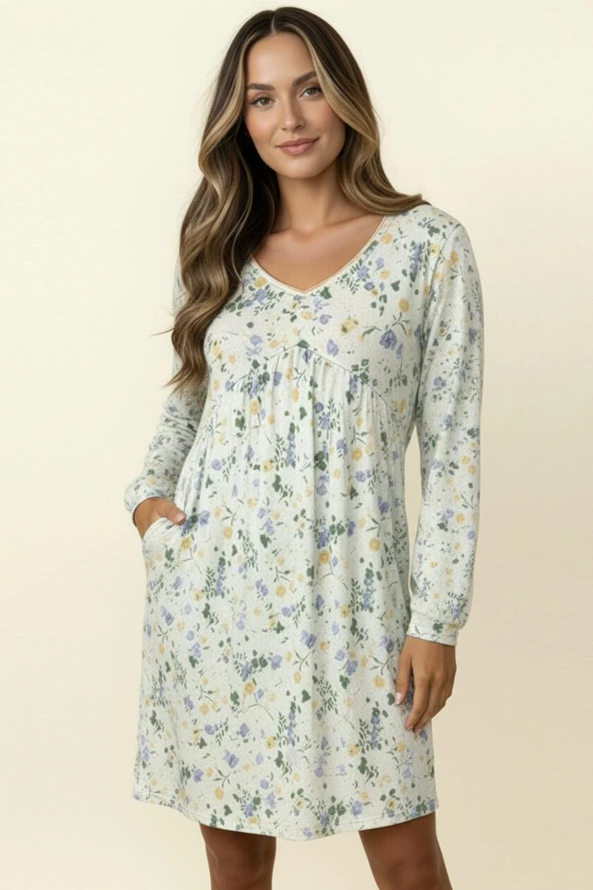 PLUS V NECK BABYDOLL LONG SLEEVE FLORAL KNIT DRESS