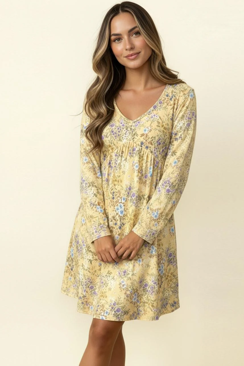 PLUS V NECK BABYDOLL LONG SLEEVE FLORAL KNIT DRESS - Image 10