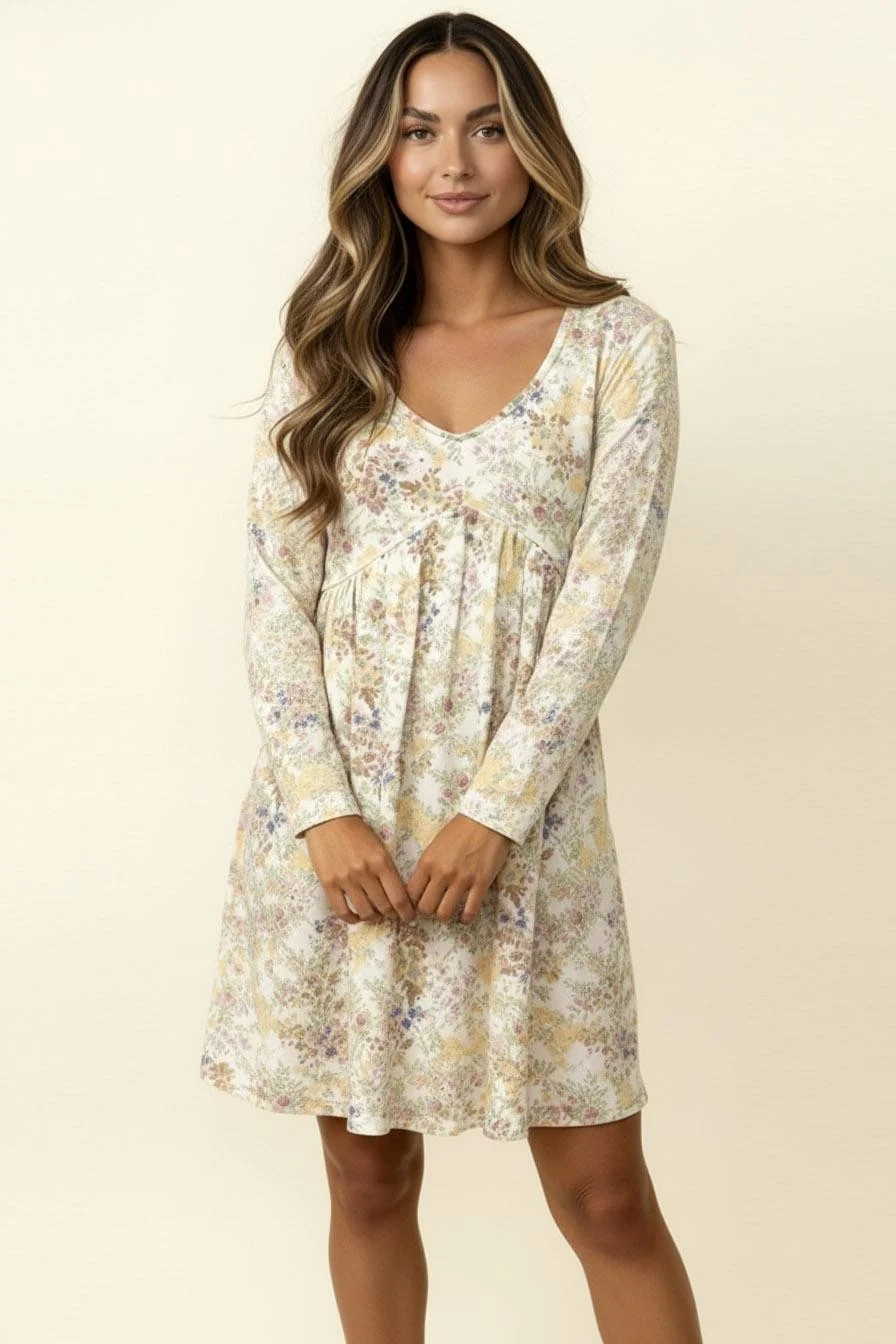 PLUS V NECK BABYDOLL LONG SLEEVE FLORAL KNIT DRESS - Image 5