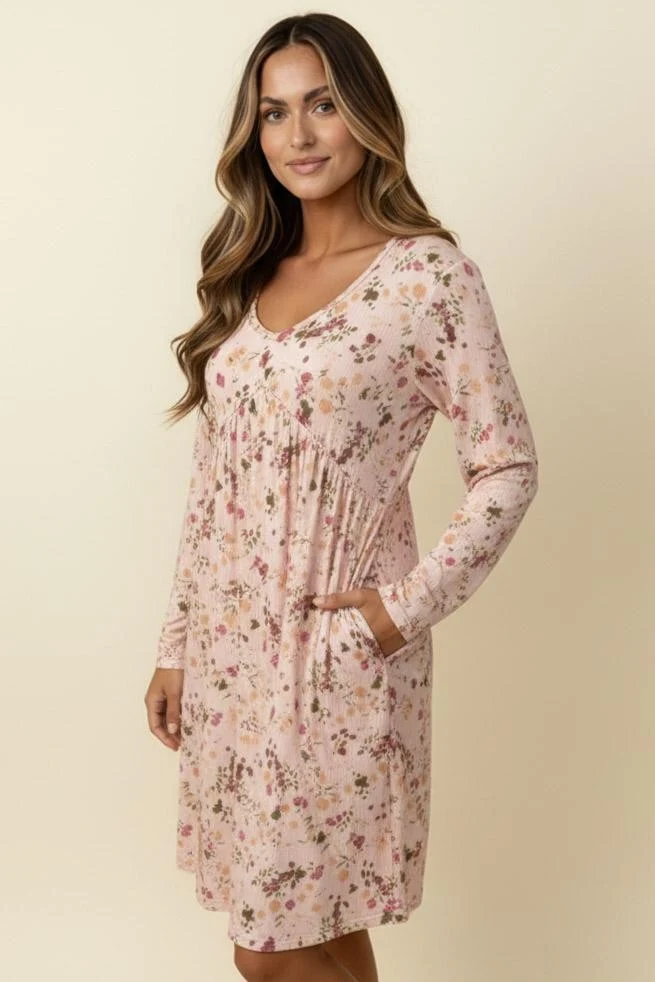 PLUS V NECK BABYDOLL LONG SLEEVE FLORAL KNIT DRESS - Image 6