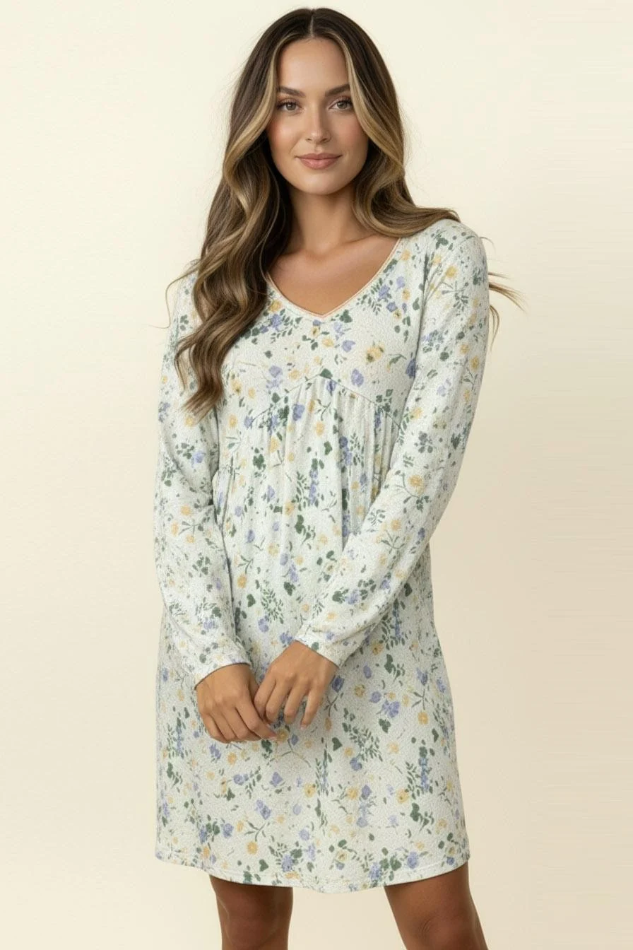 PLUS V NECK BABYDOLL LONG SLEEVE FLORAL KNIT DRESS - Image 7
