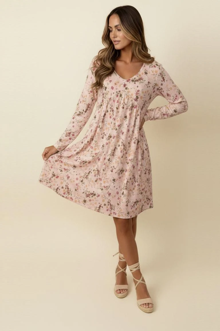 PLUS V NECK BABYDOLL LONG SLEEVE FLORAL KNIT DRESS - Image 8