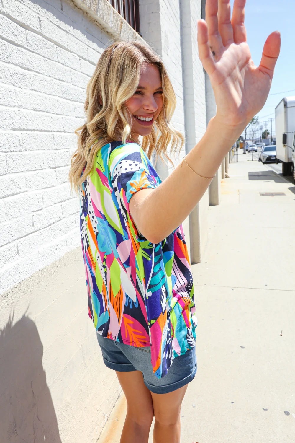 Plus V Neck Dolman Short Sleeve Tropical Knit Top - Image 7