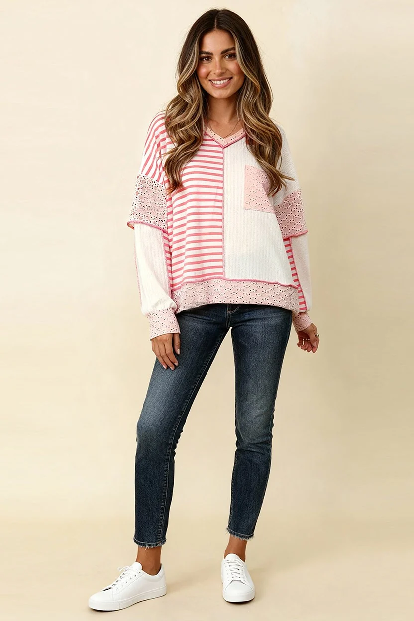 PLUS V NECK EYELET STRIPE COLOR BLOCK PULLOVER TOP - Image 3