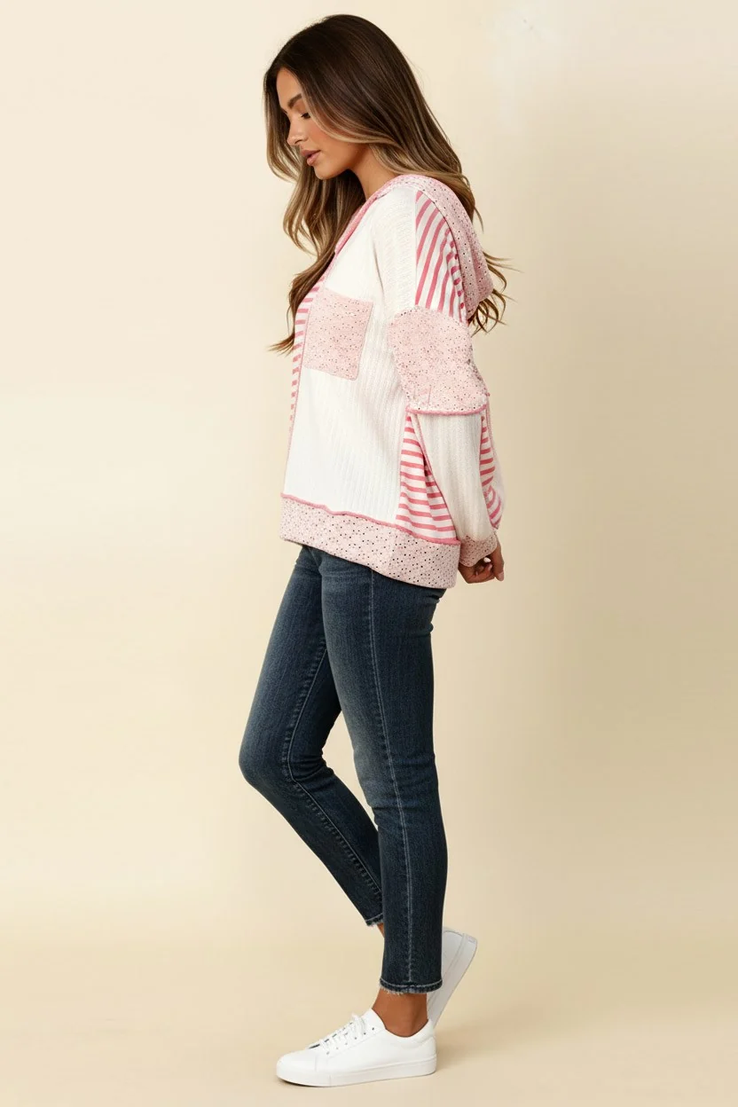 PLUS V NECK EYELET STRIPE COLOR BLOCK PULLOVER TOP - Image 4
