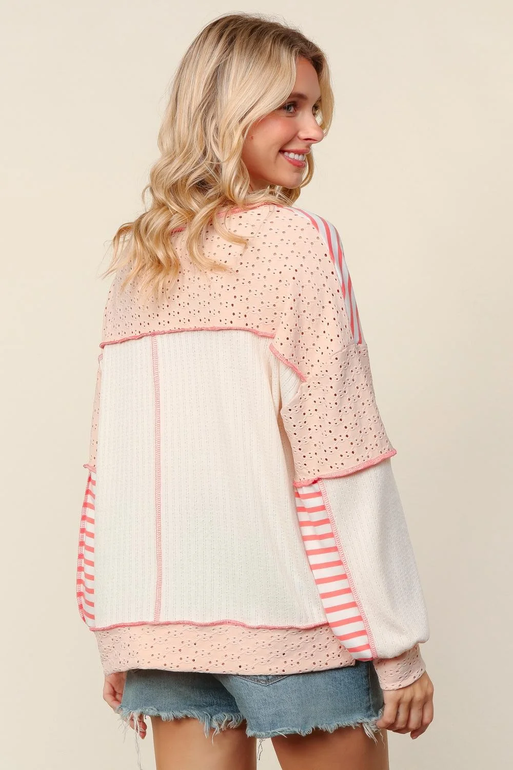 PLUS V NECK EYELET STRIPE COLOR BLOCK PULLOVER TOP - Image 5