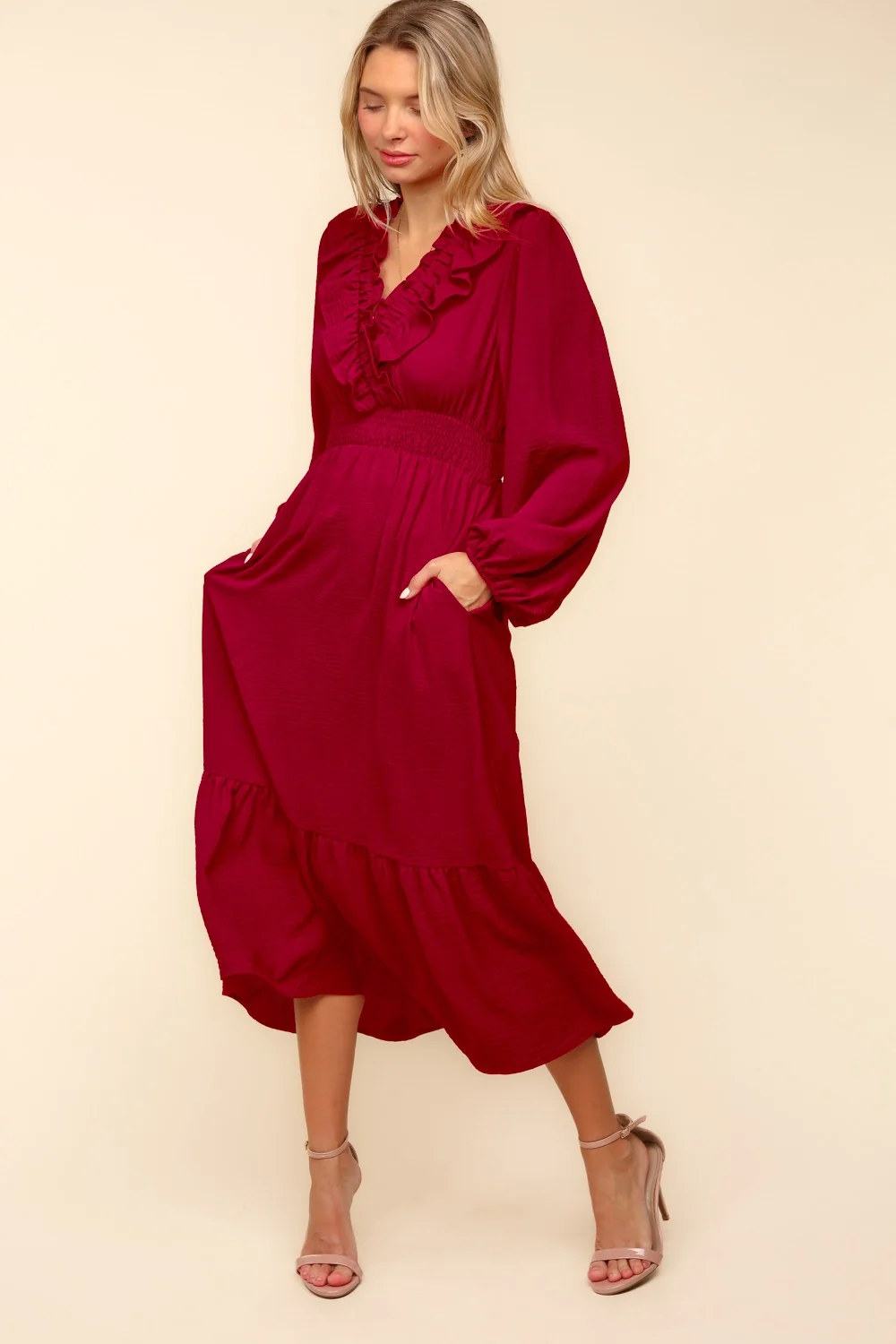 PLUS V NECK FRONT OVERLAP W/RUFFLE WOVEN DRESS - Image 6