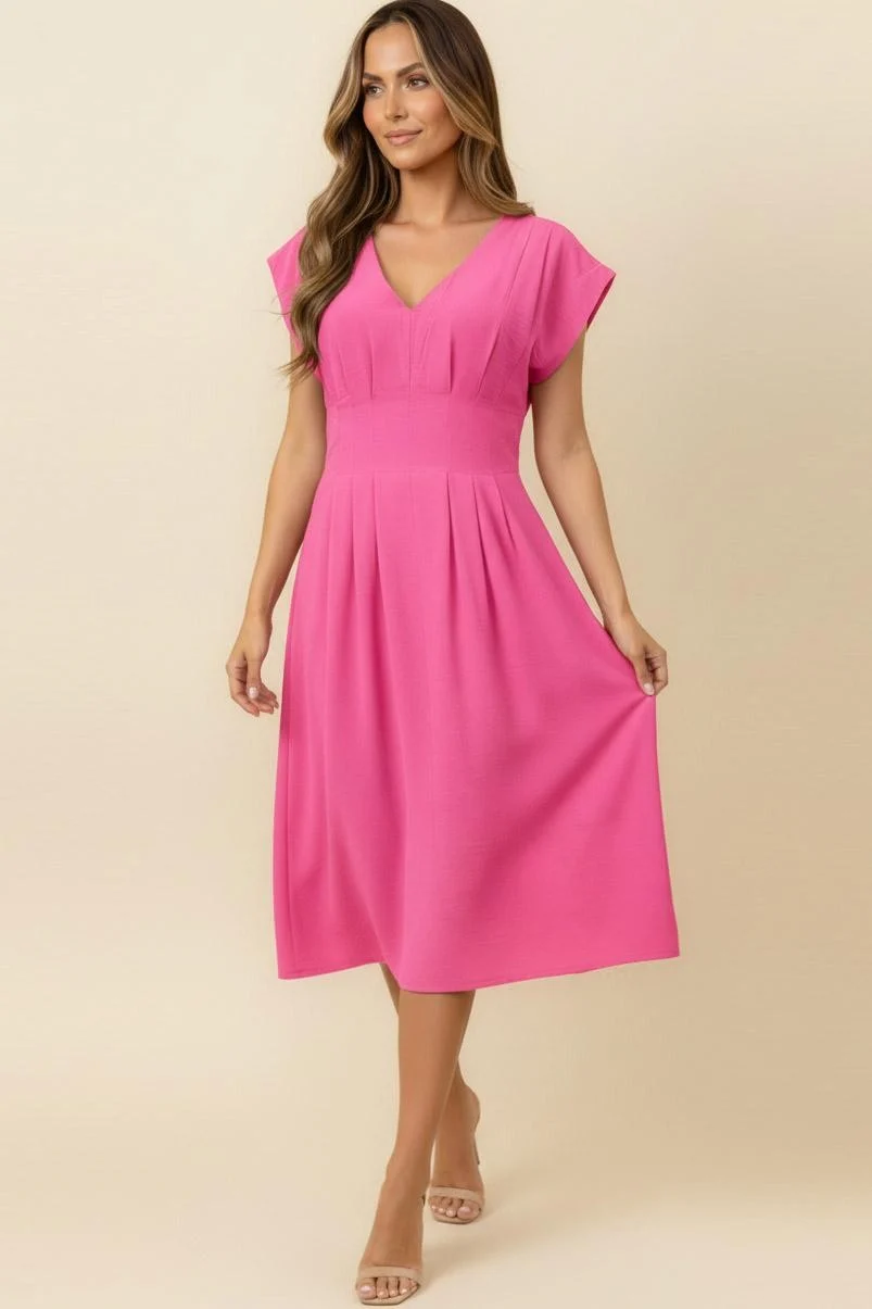 PLUS V NECK PLEATED BACK SMOCKED WAIST SOLID DRESS - Image 2
