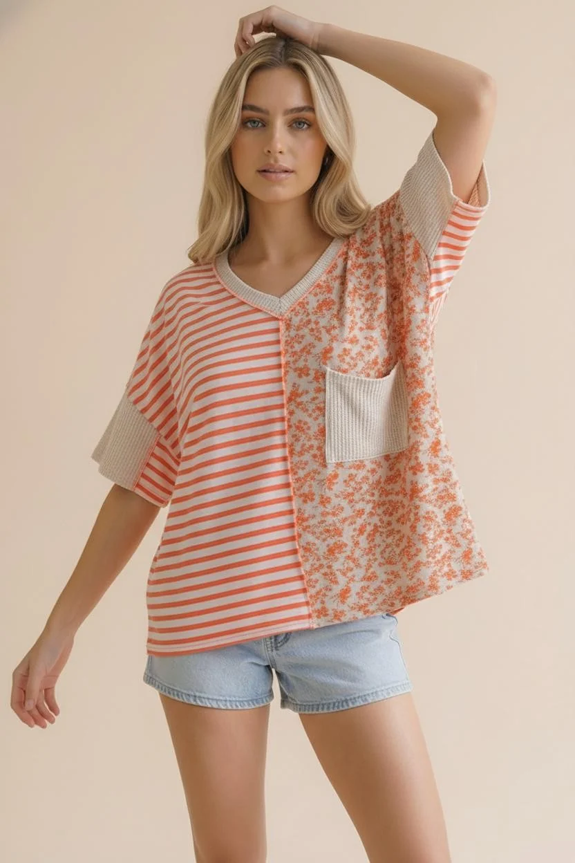 PLUS V NECK STRIPE, FLORAL PRINT COLOR BLOCK TOP
