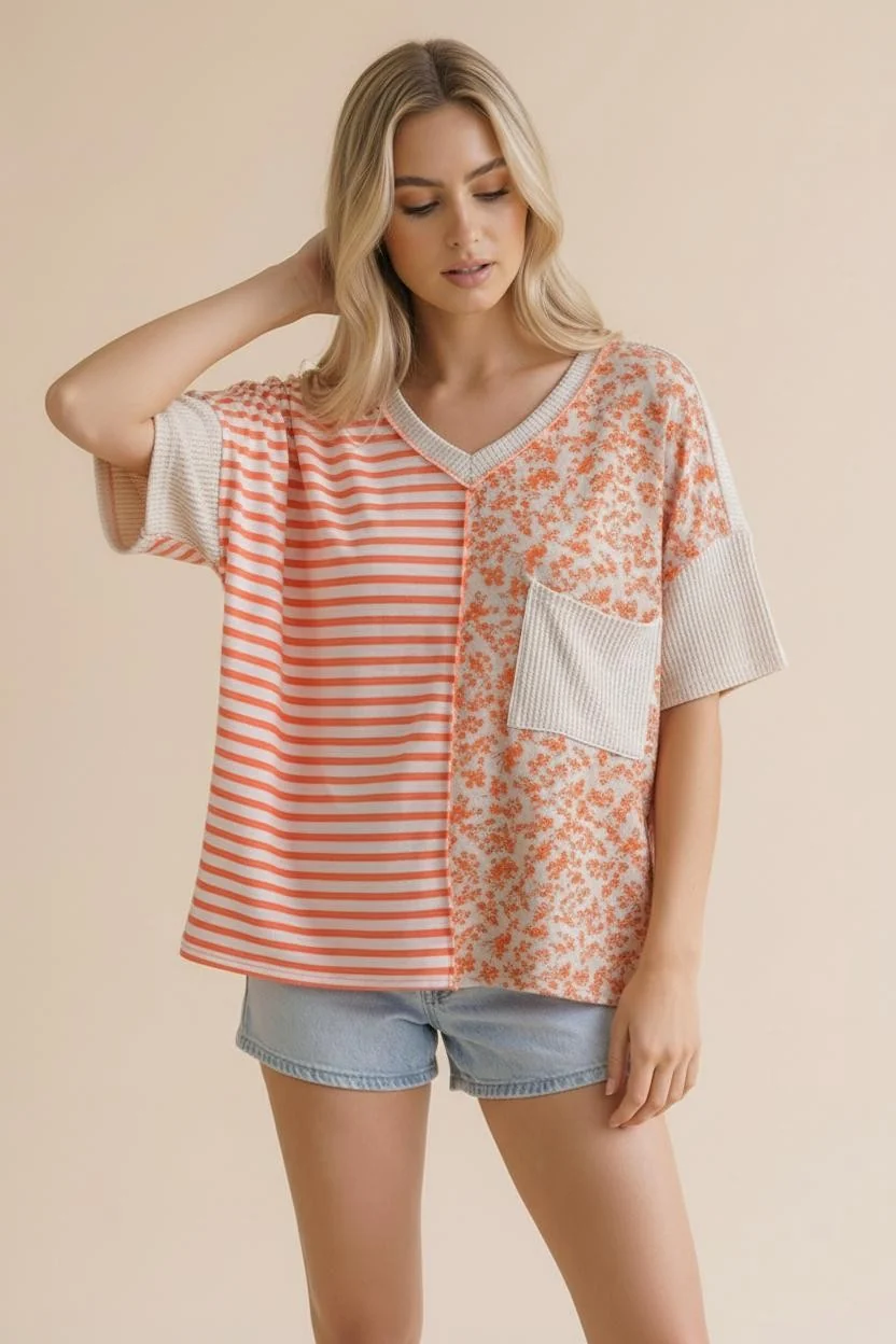 PLUS V NECK STRIPE, FLORAL PRINT COLOR BLOCK TOP - Image 2