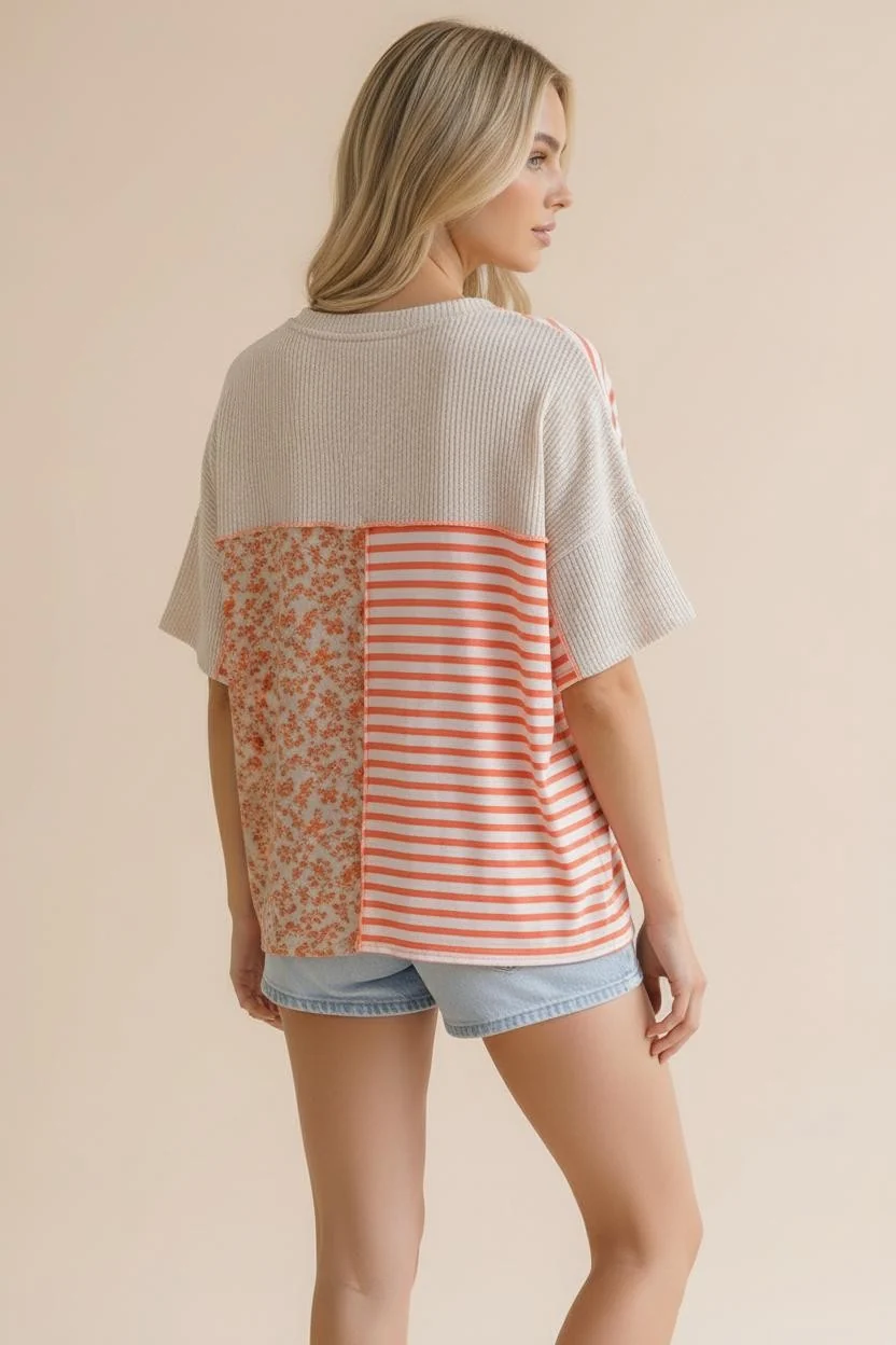 PLUS V NECK STRIPE, FLORAL PRINT COLOR BLOCK TOP - Image 3