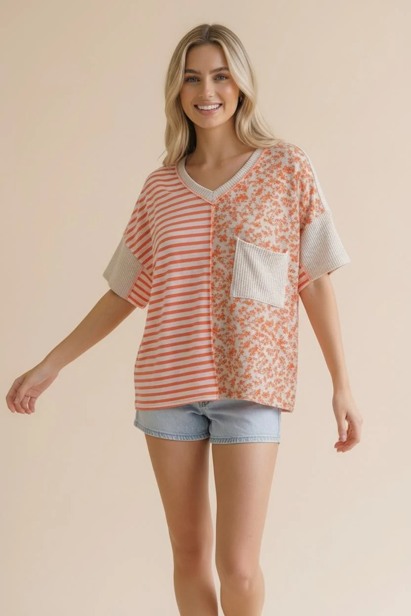 PLUS V NECK STRIPE, FLORAL PRINT COLOR BLOCK TOP - Image 4