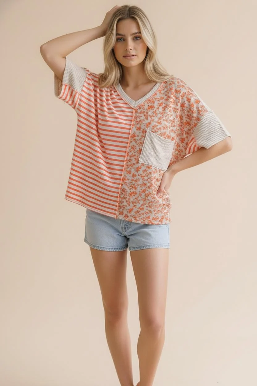 PLUS V NECK STRIPE, FLORAL PRINT COLOR BLOCK TOP - Image 5