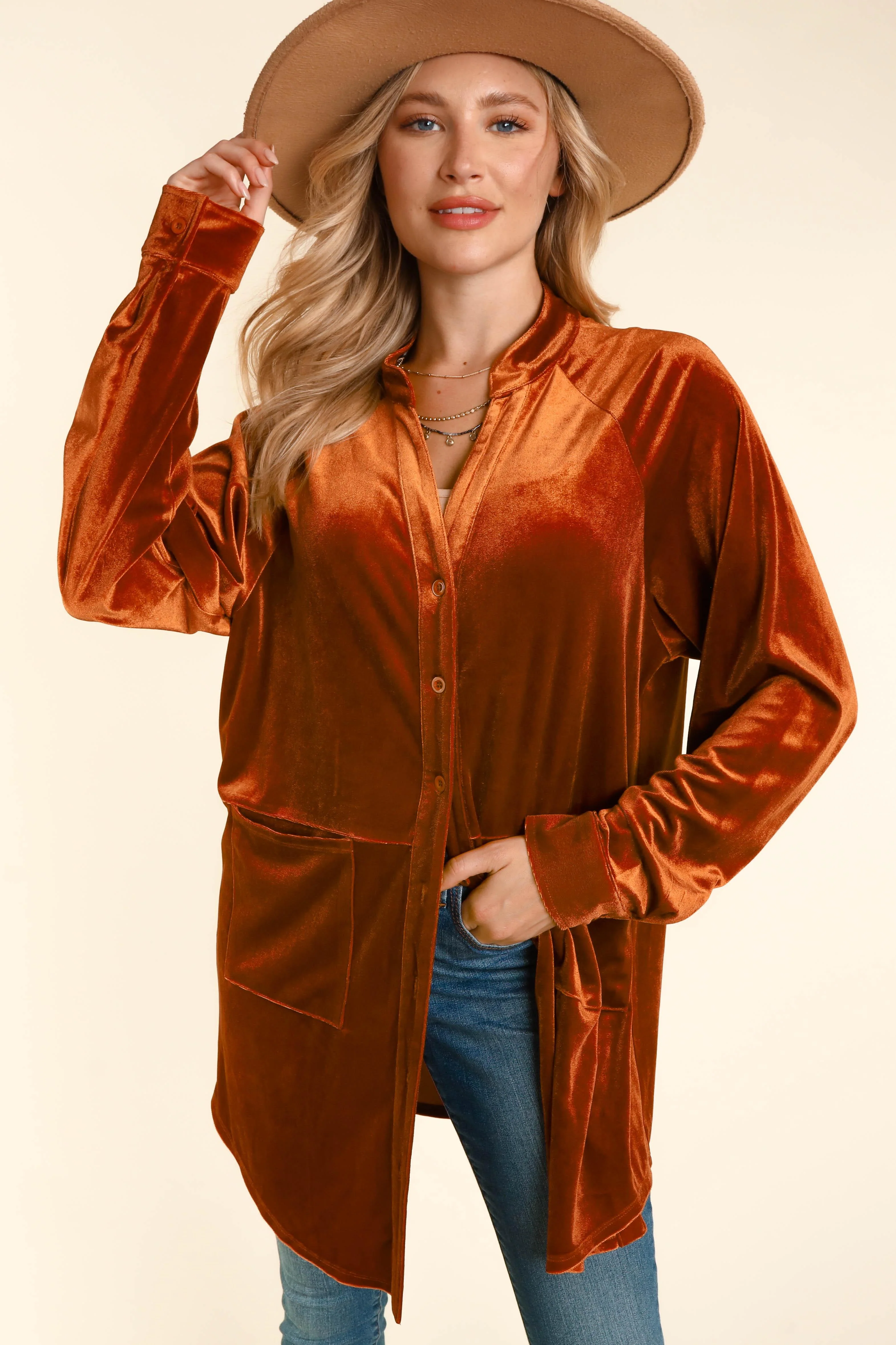 PLUS VELVET BUTTON DOWN TUNIC TOP WITH POCKET - Image 5