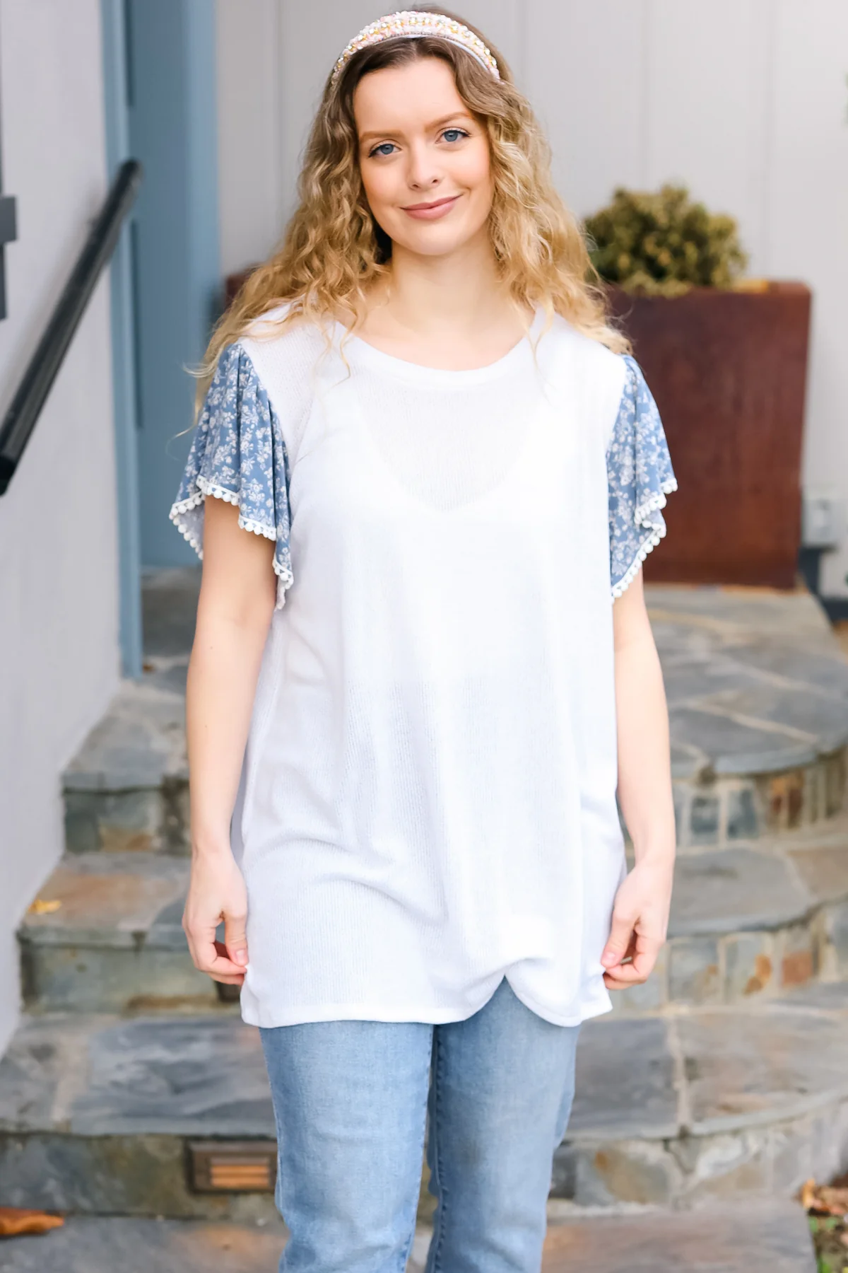 Plus White Denim Round Neck Floral Short Sleeve Pom Pom Lace Top - Image 3
