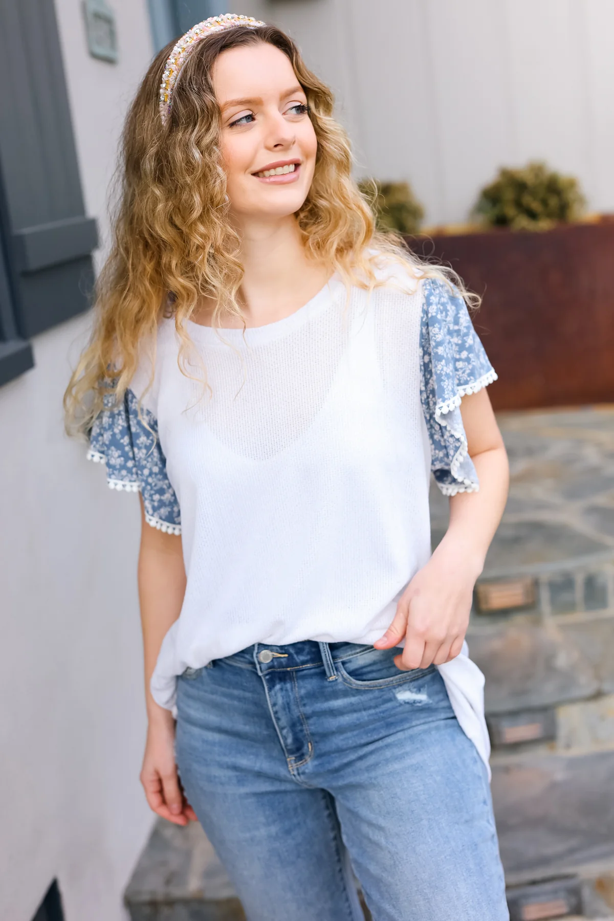 Plus White Denim Round Neck Floral Short Sleeve Pom Pom Lace Top - Image 8