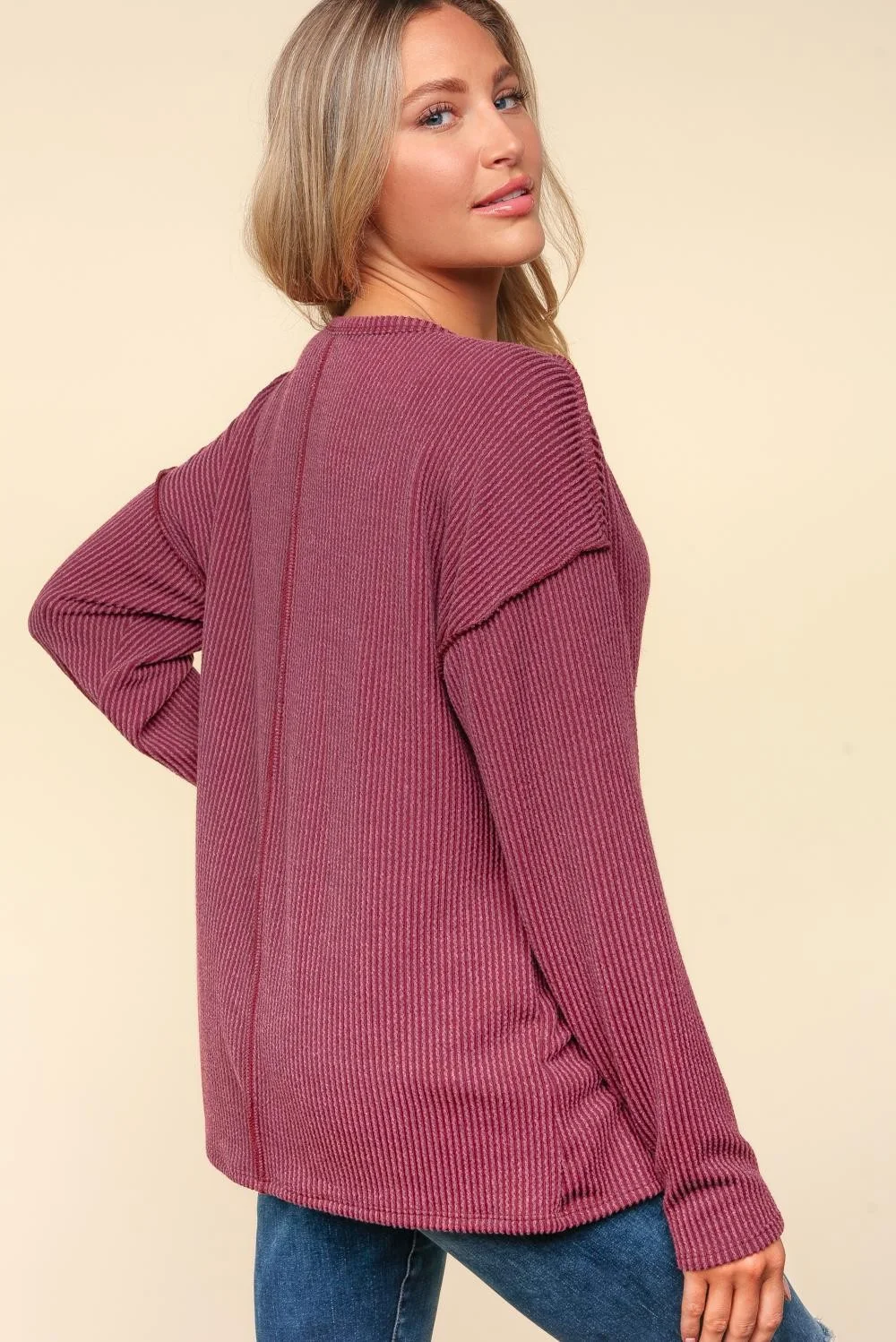 Plus Wine Mineral Washed Rib Top with Slits and Pockets - Image 4
