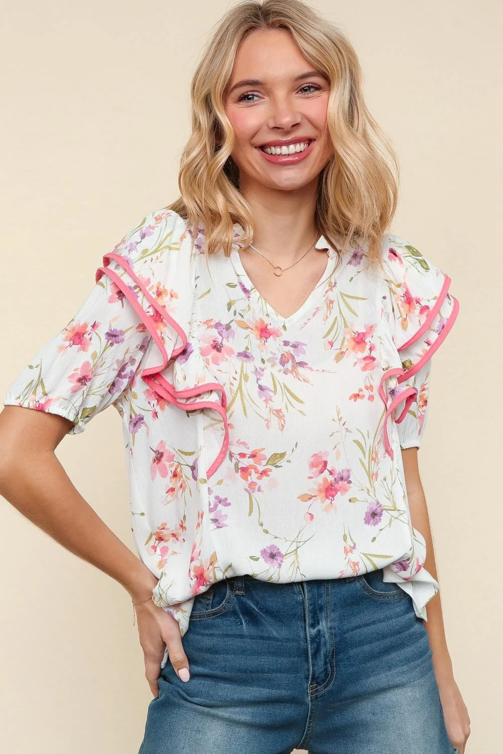 PLUS WOVEN BLOUSE W/DOUBLE RUFFLE DETAIL ON SLEEVE - Image 2