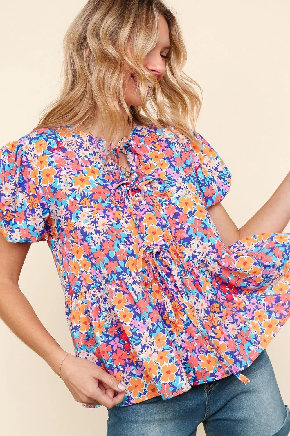 WOVEN BLOUSE W/ FRONT RIBBON BOW TIE DETAIL - Image 5