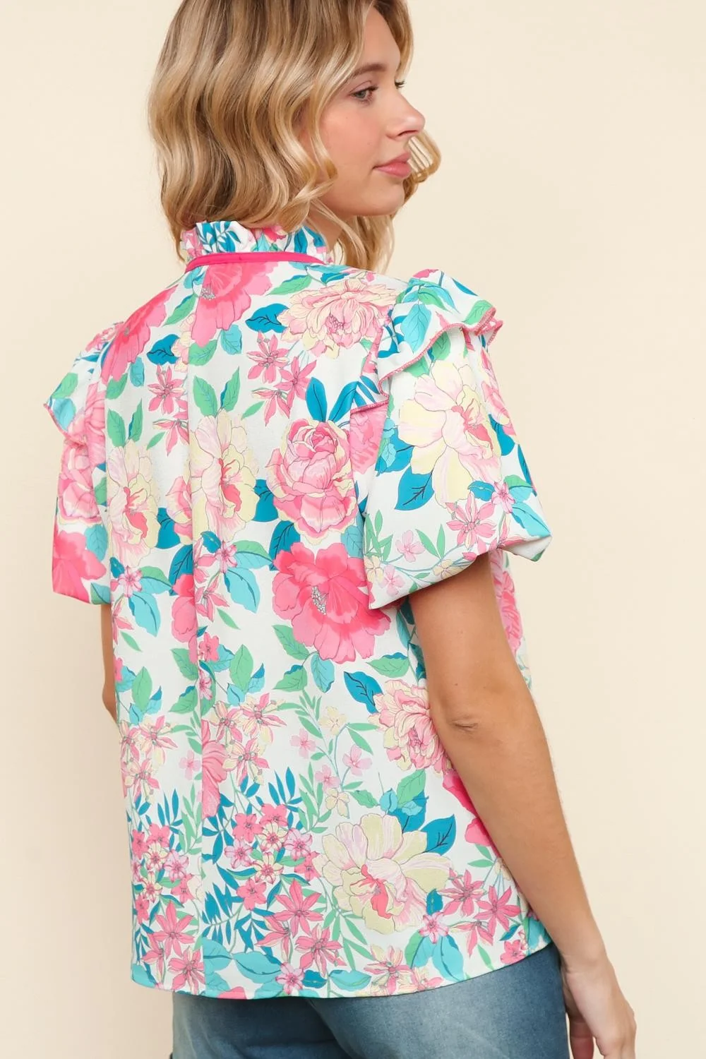 PLUS WOVEN TOP MOCK NECK WITH RUFFLE SHOULDER - Image 5