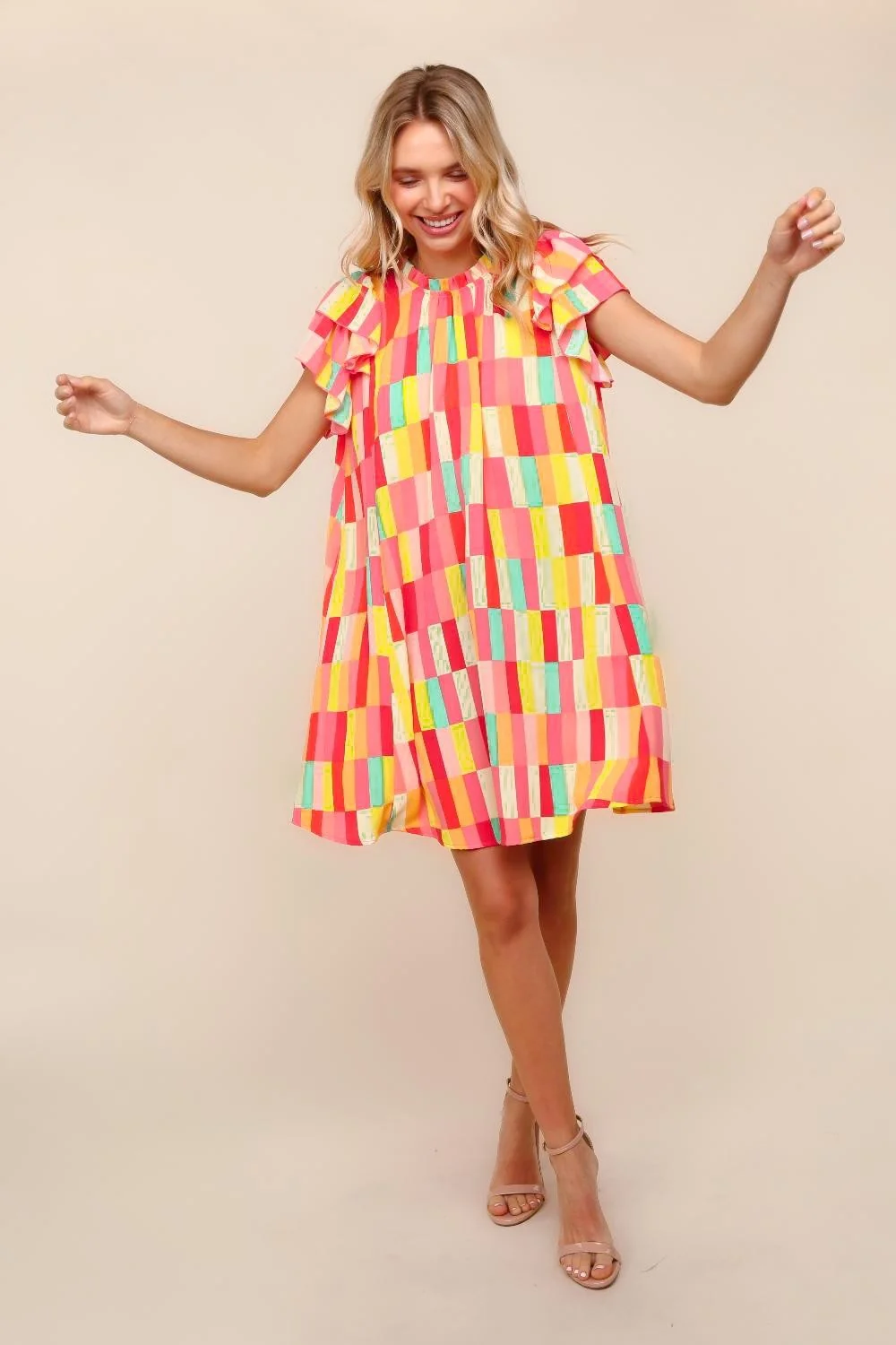 PLUS YELLOW/RED TUNIC KNEE LENGTH WOVEN DRESS W/ SIDE POCKETS