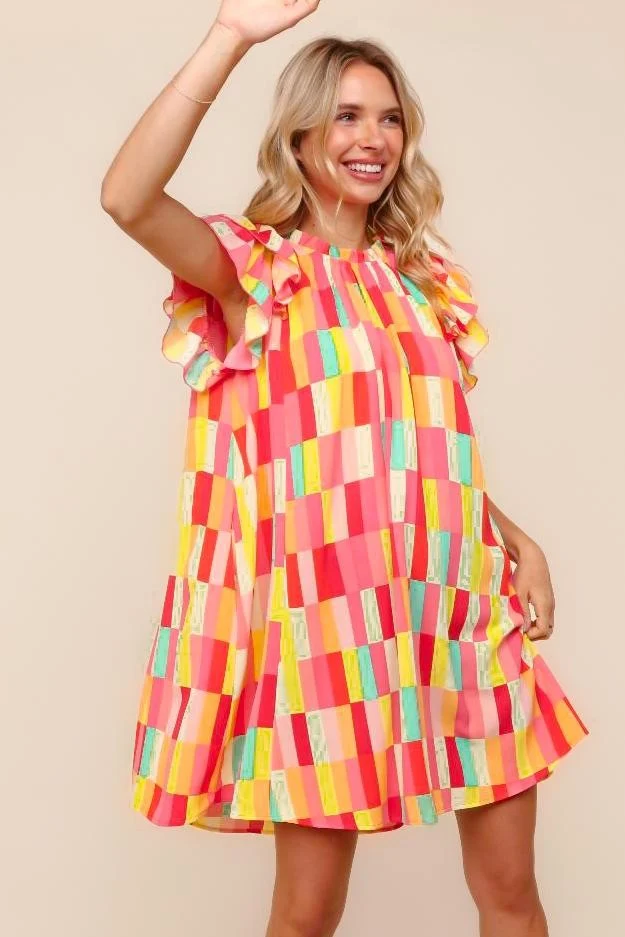 PLUS YELLOW/RED TUNIC KNEE LENGTH WOVEN DRESS W/ SIDE POCKETS - Image 5