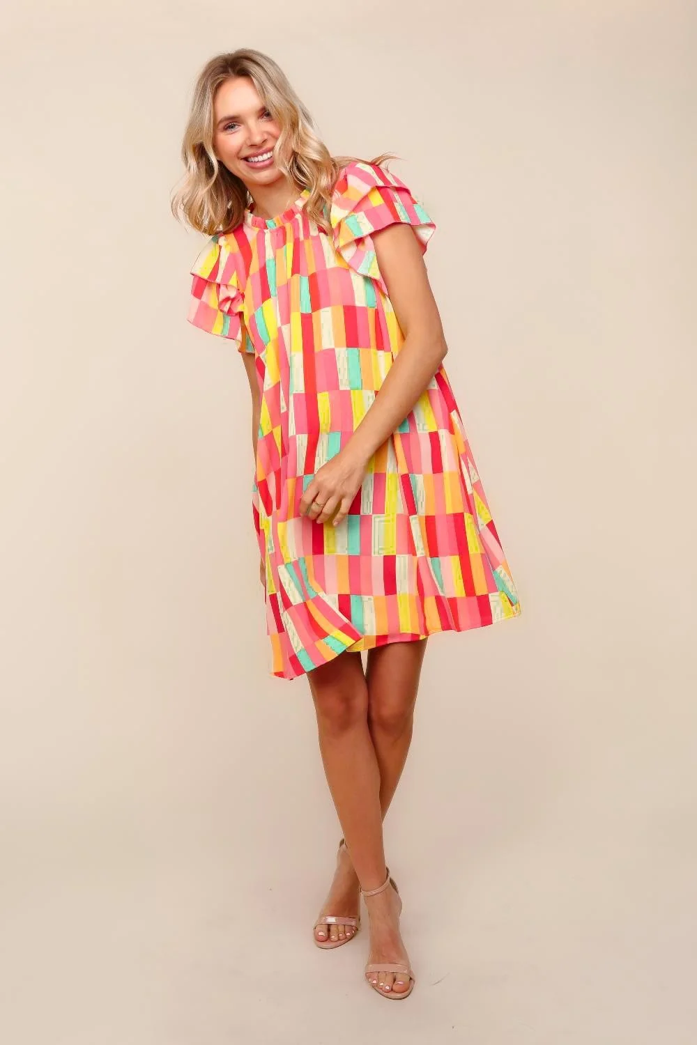 PLUS YELLOW/RED TUNIC KNEE LENGTH WOVEN DRESS W/ SIDE POCKETS - Image 6