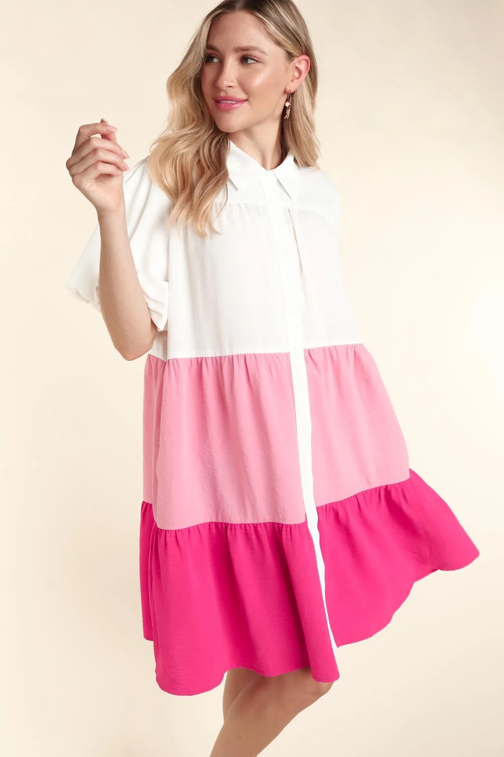 Ivory Pink Fuchsia Button Down Color Block Pocketed Dress - Image 5