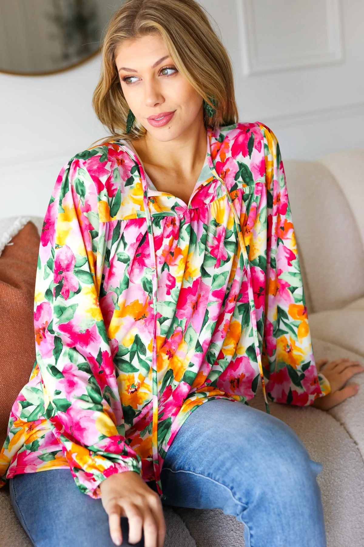 Pretty In Pink Watercolor Floral Yoke Tie Top (Open Pack) - Image 4