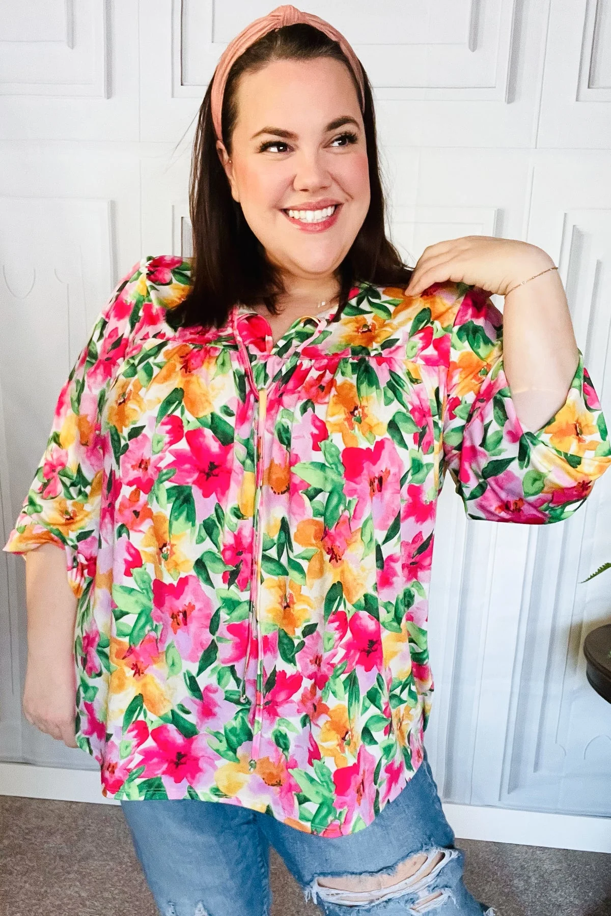 Pretty In Pink Watercolor Floral Yoke Tie Top (Open Pack) - Image 9