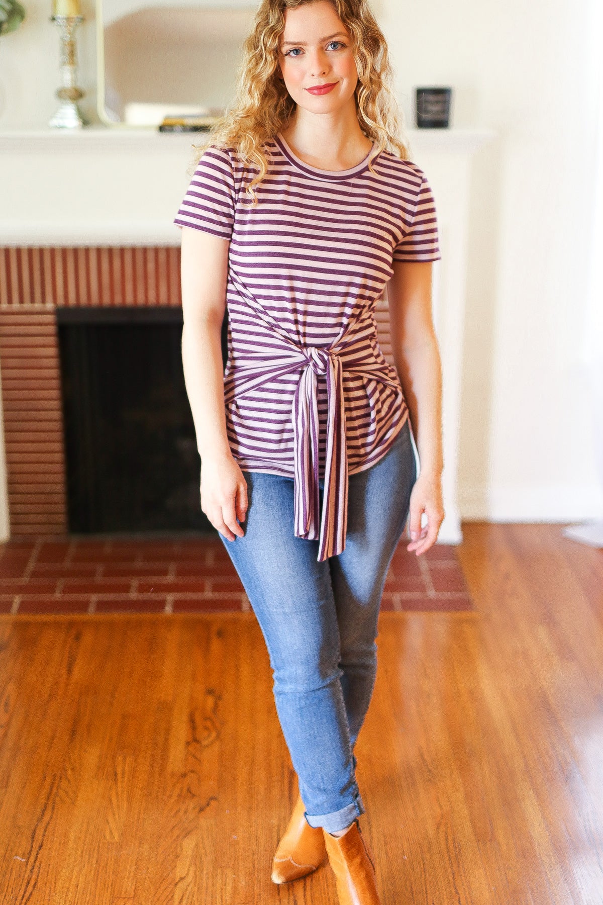 Purple Short Sleeve Stripe Tie Waist Top - Image 2