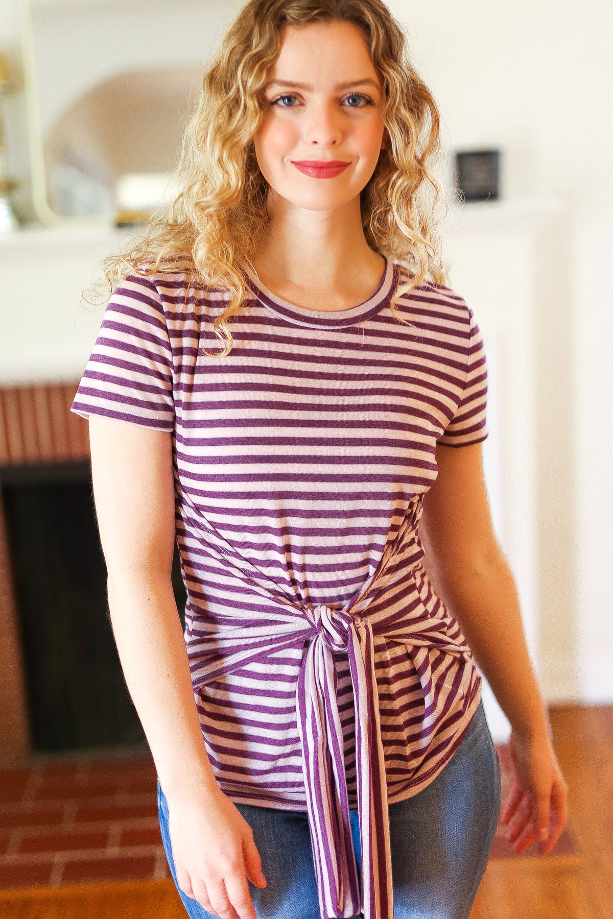 Purple Short Sleeve Stripe Tie Waist Top - Image 3