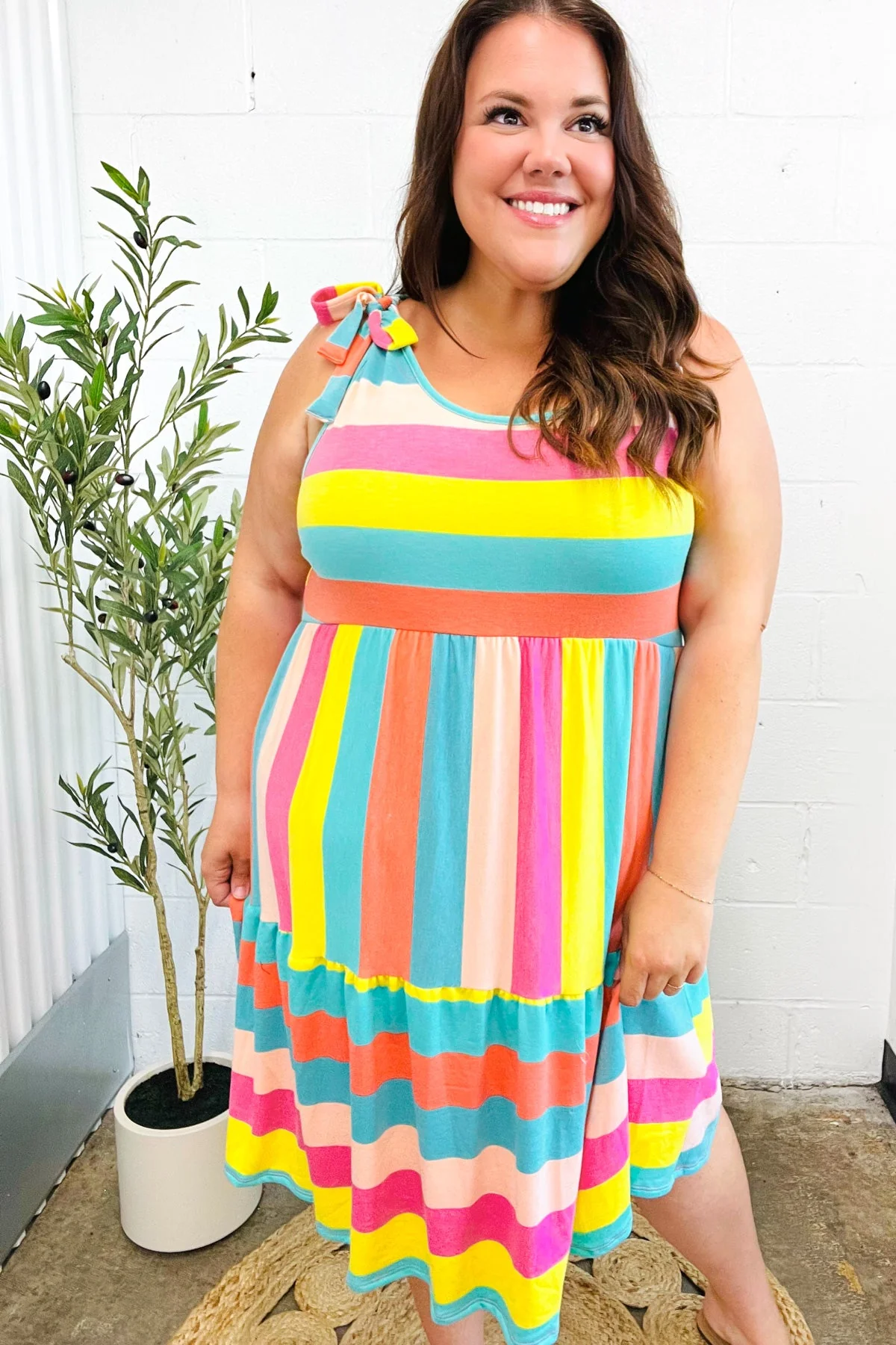 Start The Day Rainbow Stripe Shoulder Tie Tiered Dress (Open Pack) - Image 11