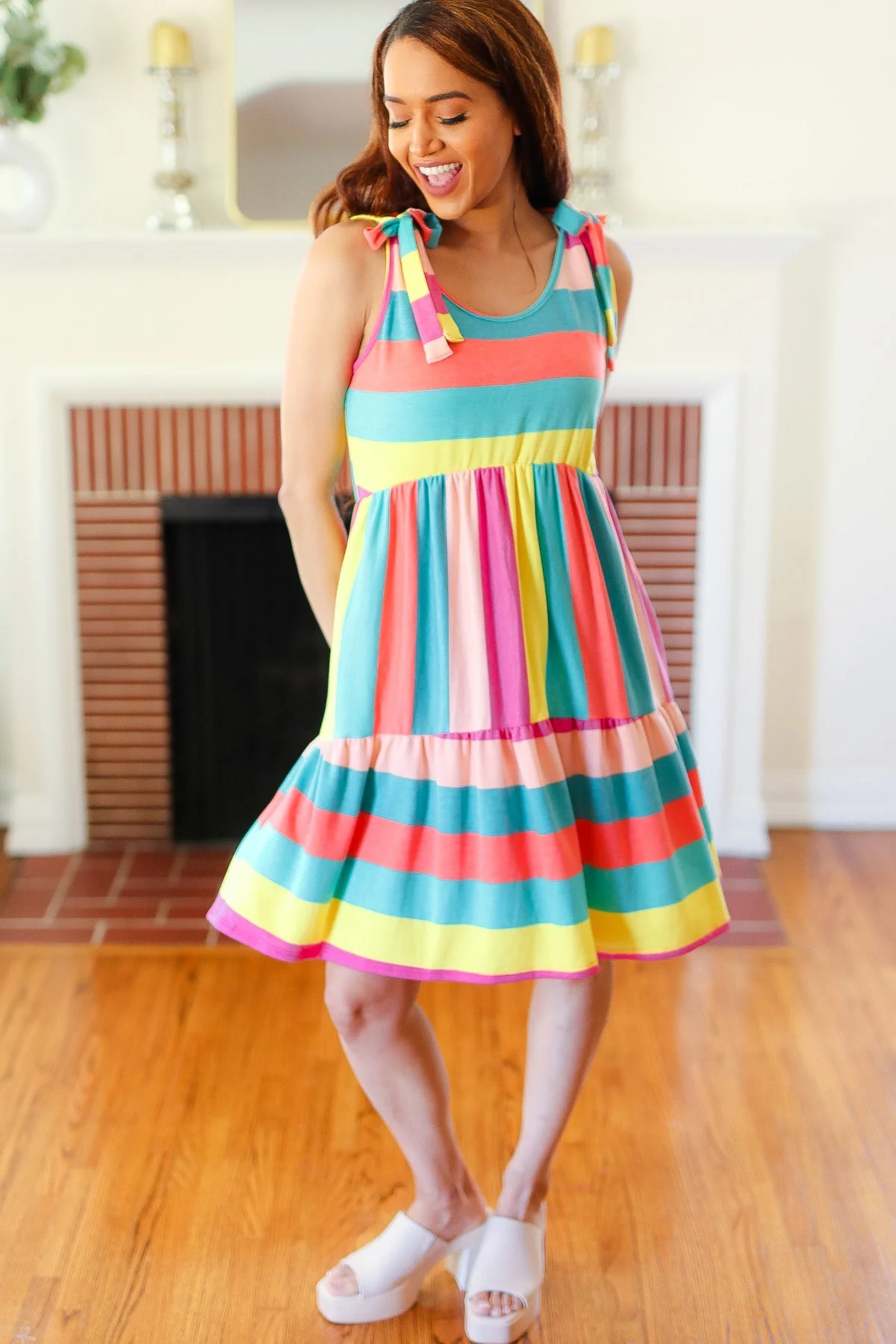 Start The Day Rainbow Stripe Shoulder Tie Tiered Dress (Open Pack) - Image 3