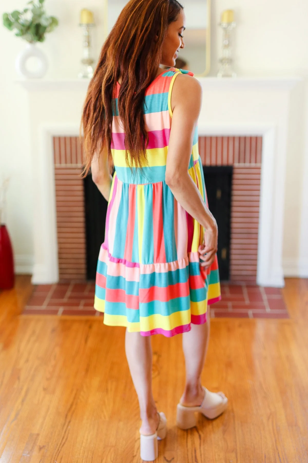 Start The Day Rainbow Stripe Shoulder Tie Tiered Dress (Open Pack) - Image 6