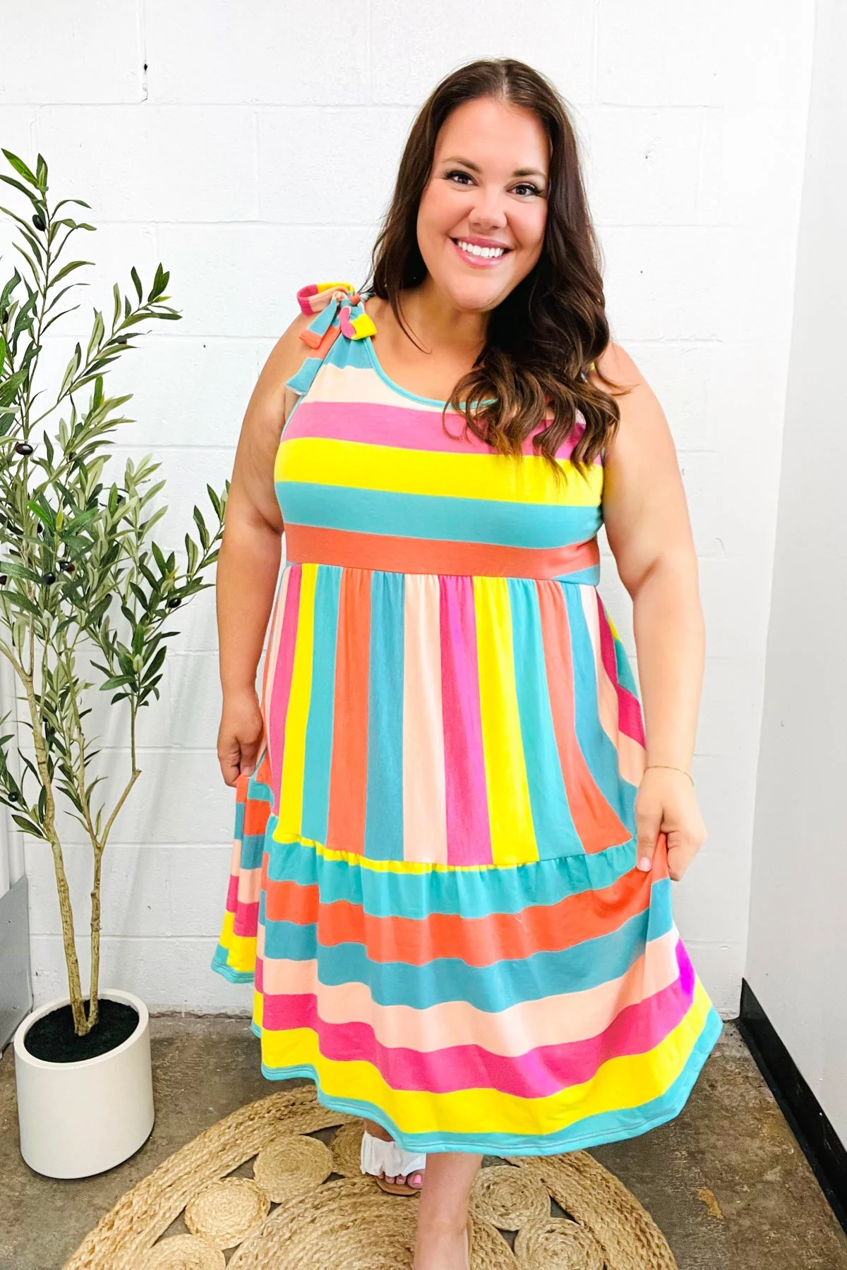 Start The Day Rainbow Stripe Shoulder Tie Tiered Dress (Open Pack) - Image 8